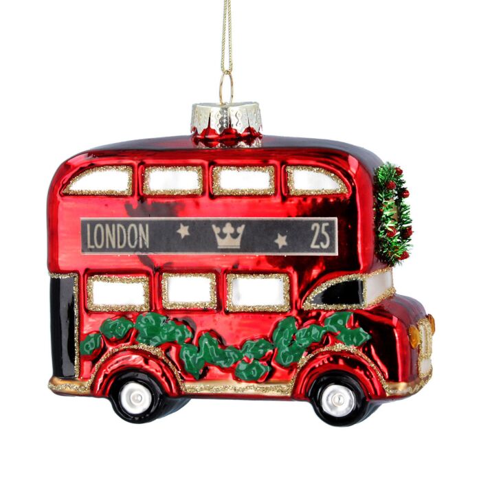Gisela Graham London Bus With Wreath Glass Tree Decoration
